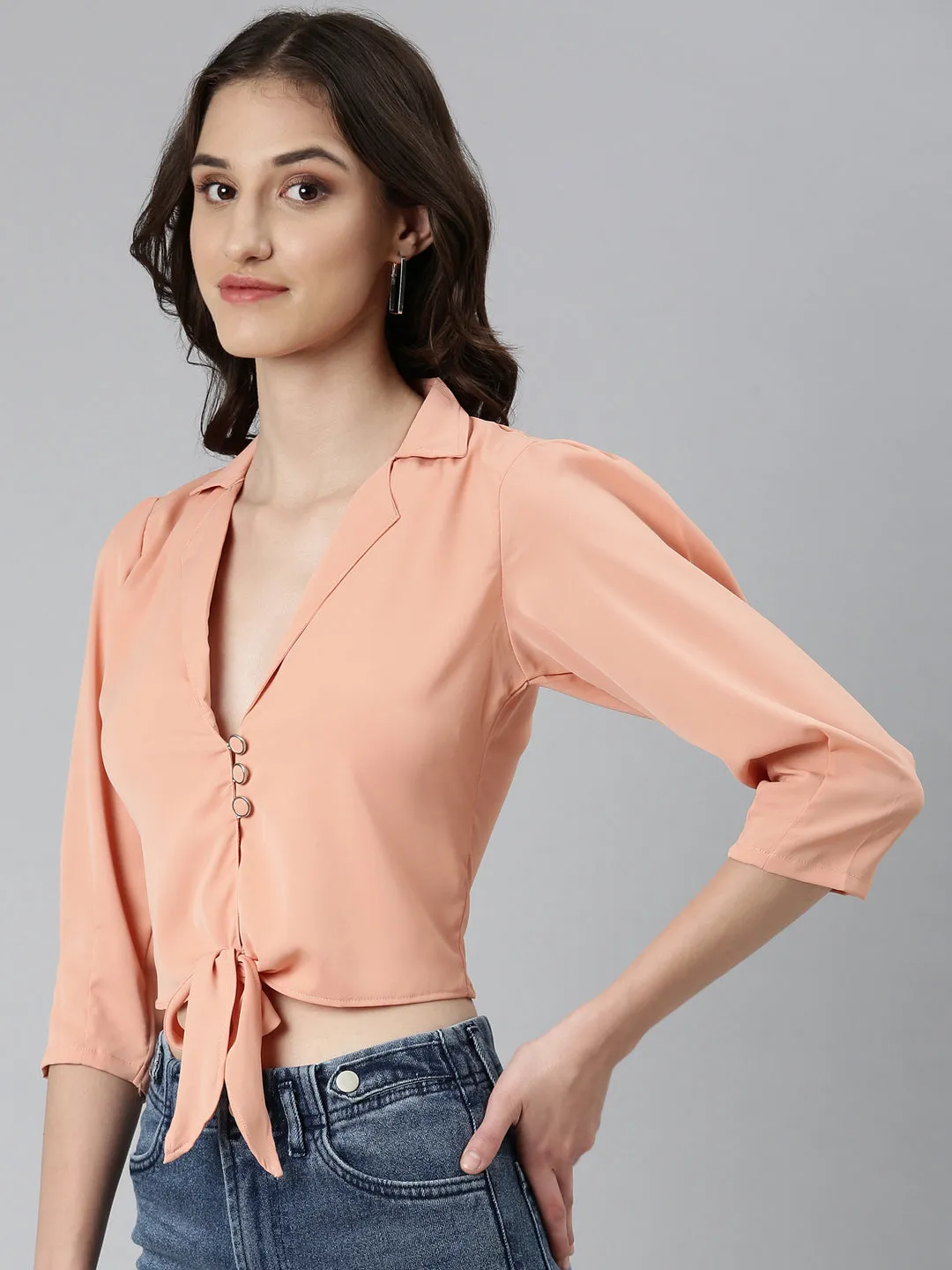 Women's Peach Puff Sleeves Tie-Up Detailed Crepe Crop Top Sporty Vibe