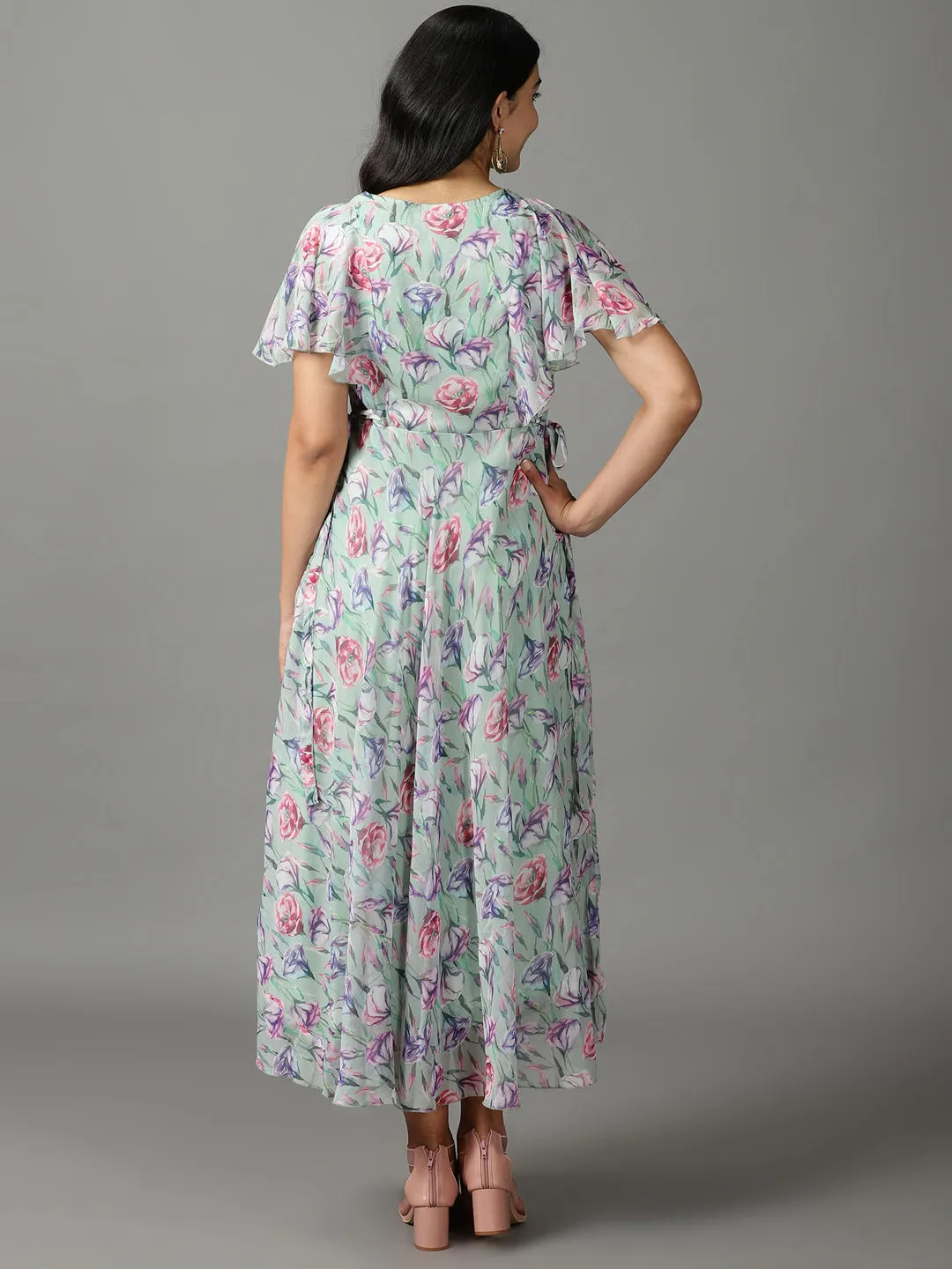 Women's Green Floral Printed Maxi Dress Flower Grace Workwear