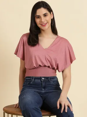 Essential Wear Minimal Comfort Women's Mauve V-Neck Flared Sleeves Blouson Crop Top