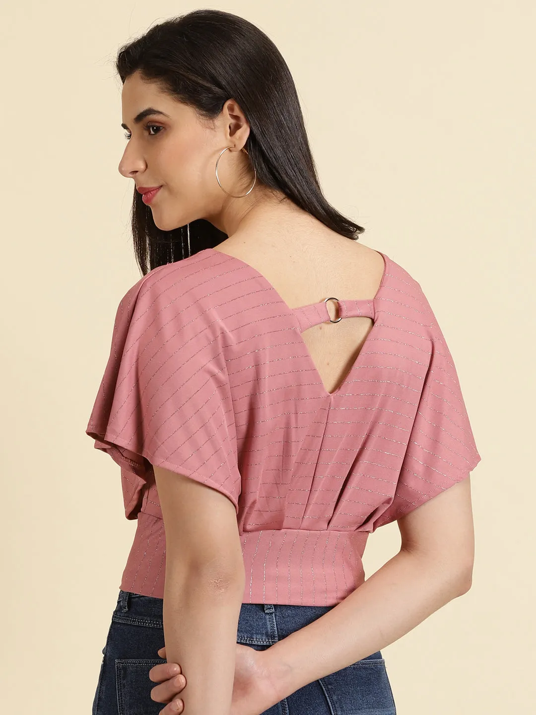 Women's Mauve V-Neck Flared Sleeves Blouson Crop Top Sport Layer Fit