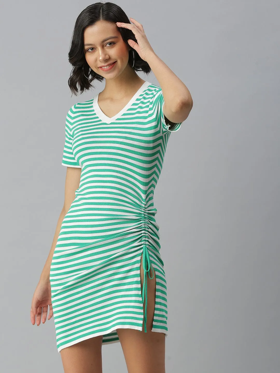 Women's V-Neck Striped Bodycon Green Dress Capsule-Wardrobe