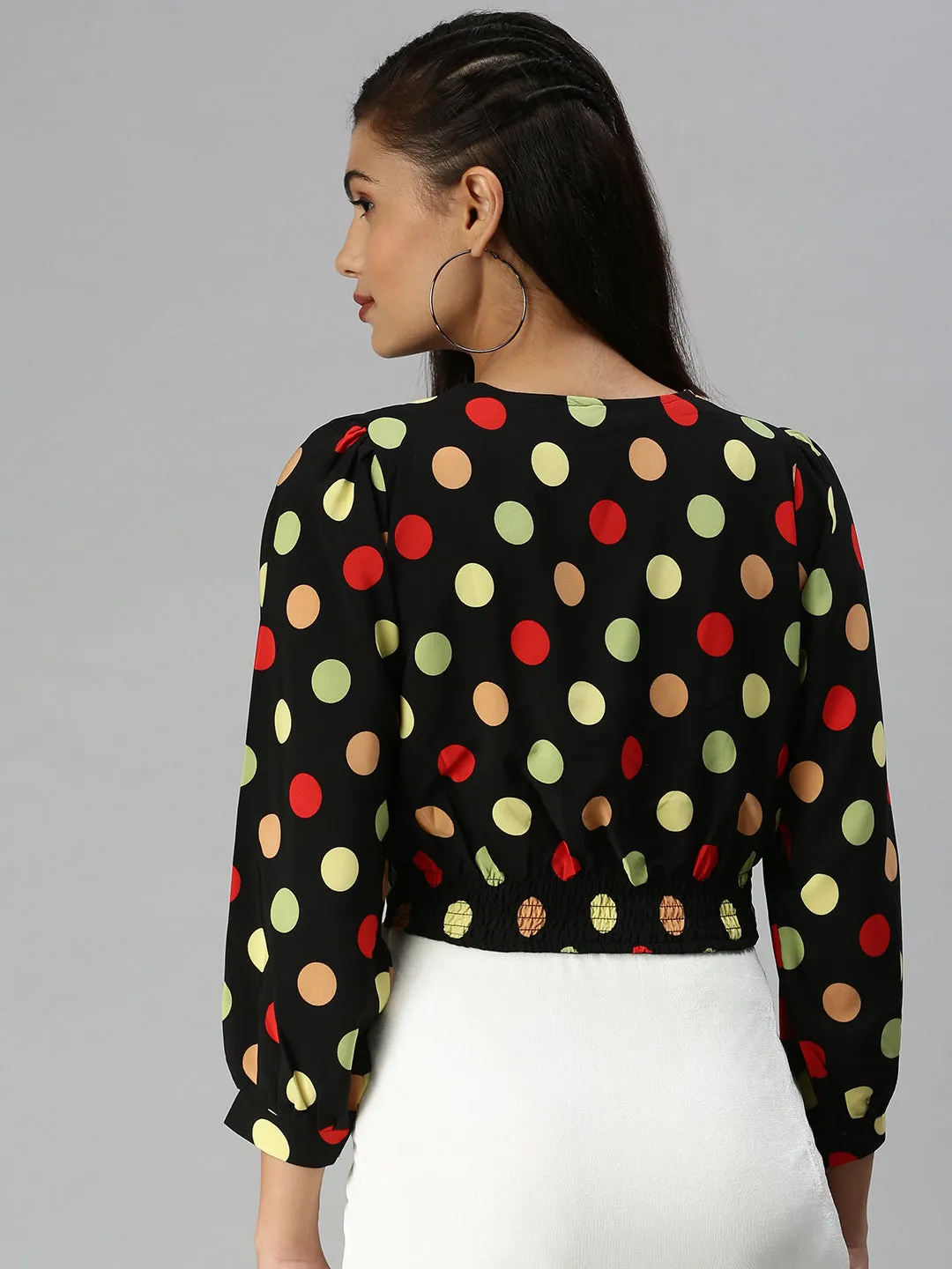 harmonious Women's Black Print Crepe Wrap Top