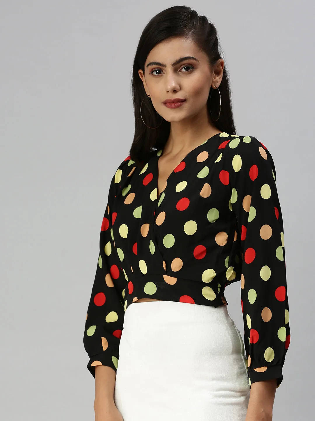 Women's Black Print Crepe Wrap Top Timeless Wear Cool Comfort