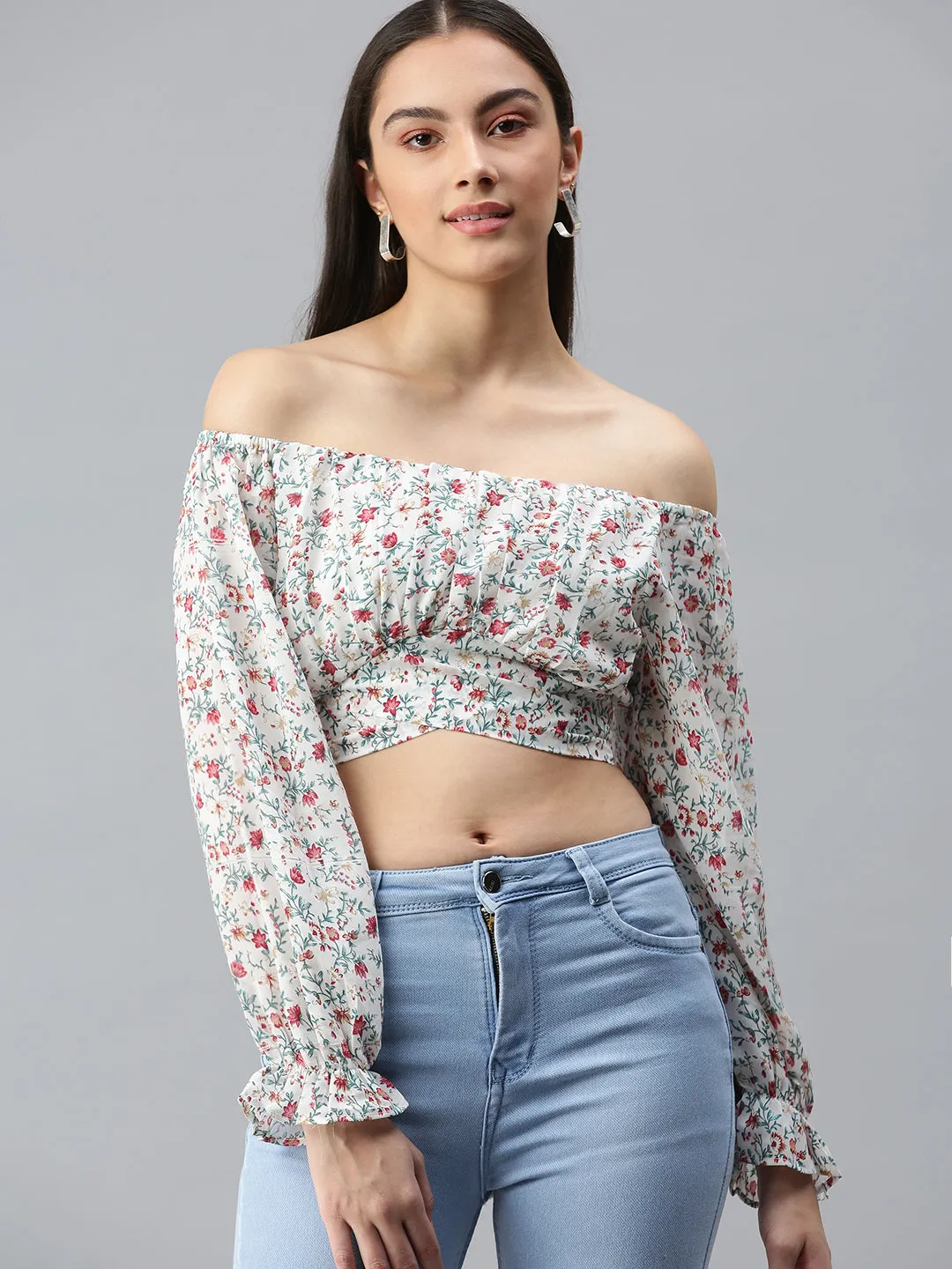 Women's White Floral Print Off-Shoulder Georgette Bardot Crop Top Zero Waste Production