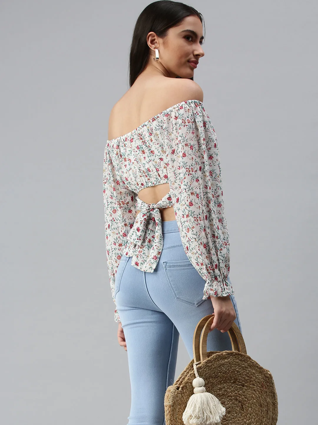 Women's White Floral Print Off-Shoulder Georgette Bardot Crop Top monochromatic