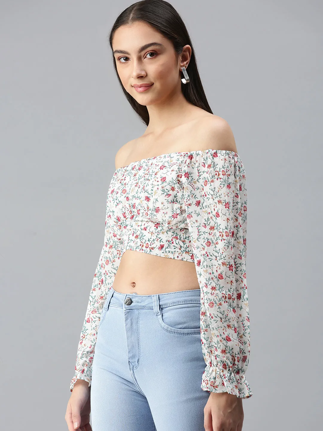 Women's White Floral Print Off-Shoulder Georgette Bardot Crop Top Cozy and Light