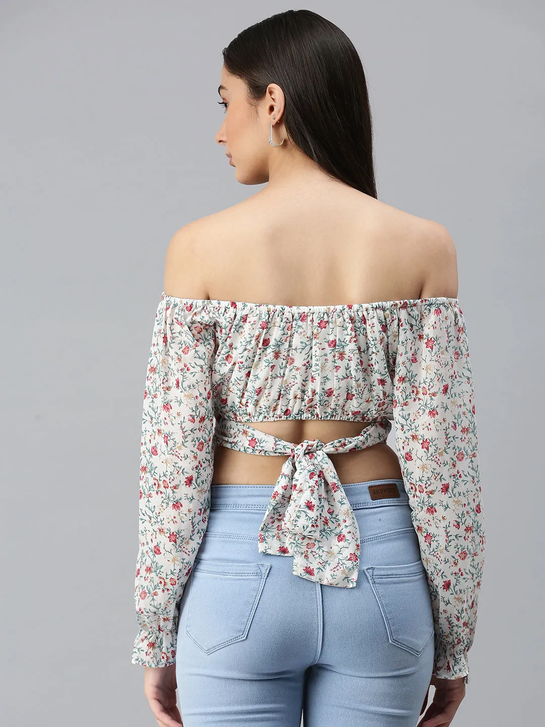 Non Toxic Materials Women's White Floral Print Off-Shoulder Georgette Bardot Crop Top