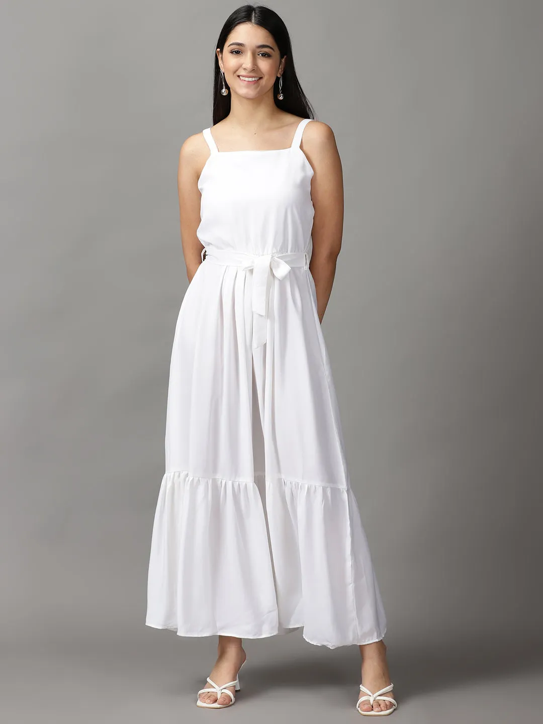 Practical-Style Women's White Crepe Fit and Flare Maxi Dress
