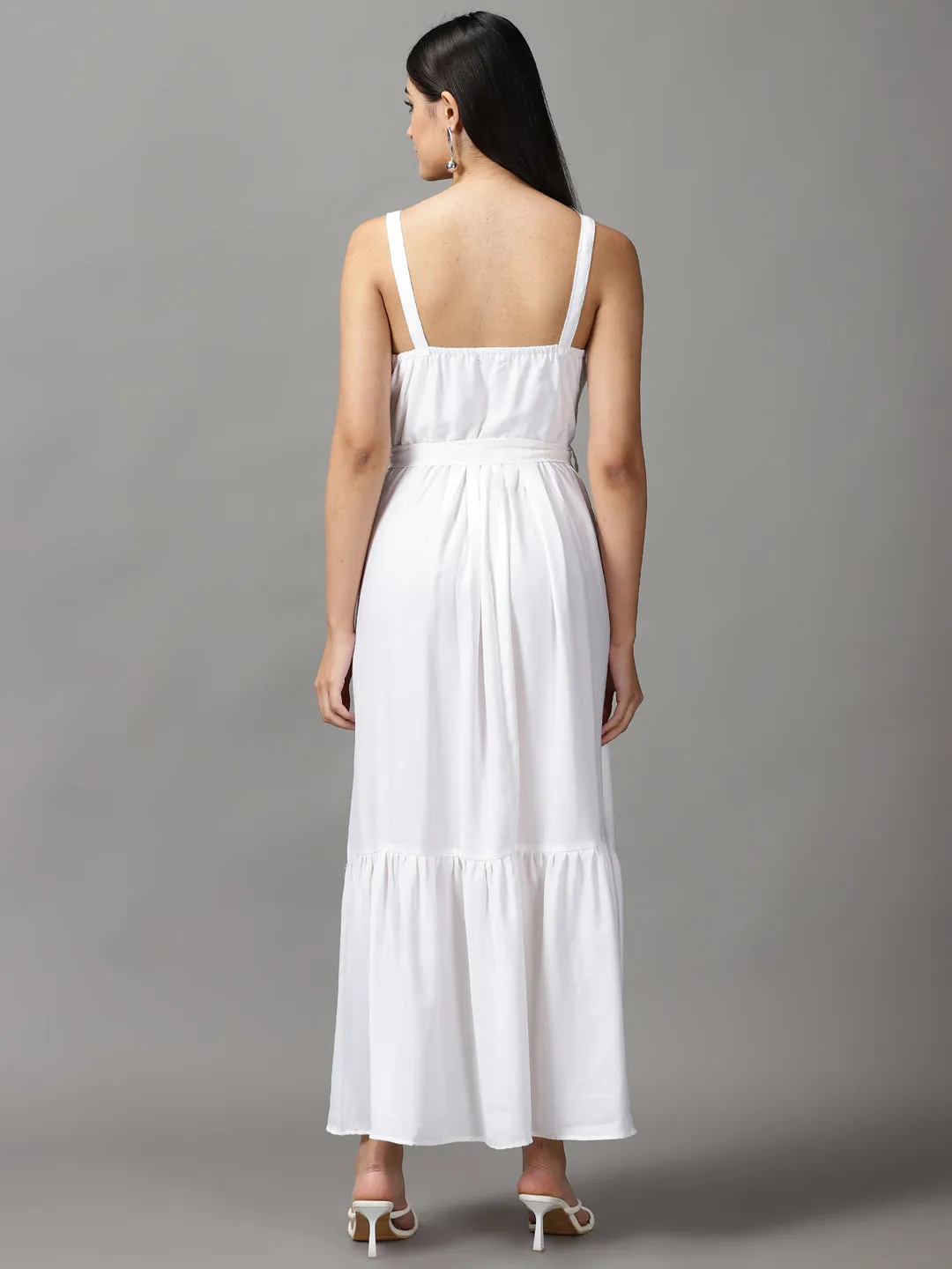 Women's White Crepe Fit and Flare Maxi Dress Feminine Look
