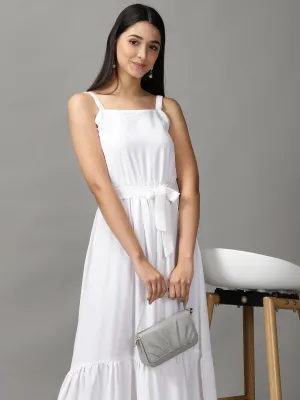 Women's White Crepe Fit and Flare Maxi Dress Minimal Core