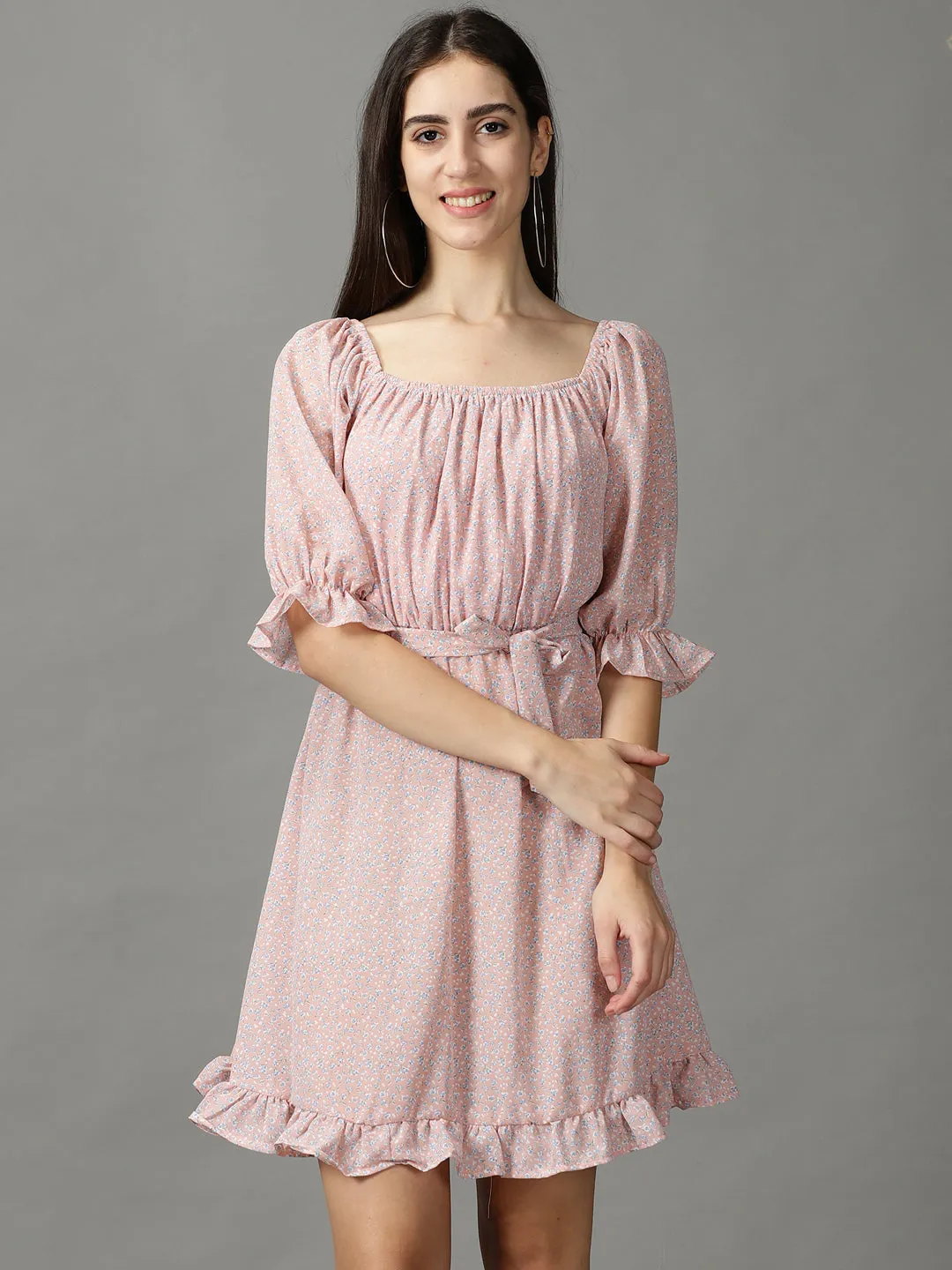 Women's Peach Printed Fit and Flare Dress Chill Style