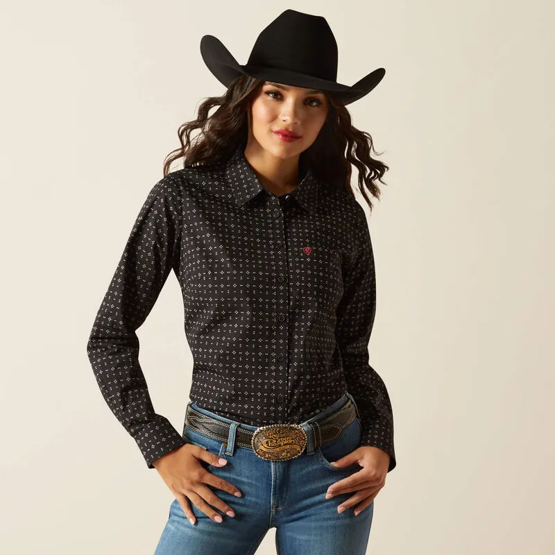 Casual Flex Fit Ariat Women's Kirby Stretch L/S Western Button Down Shirt in Black Gia Geo (Available in Plus Sizes)