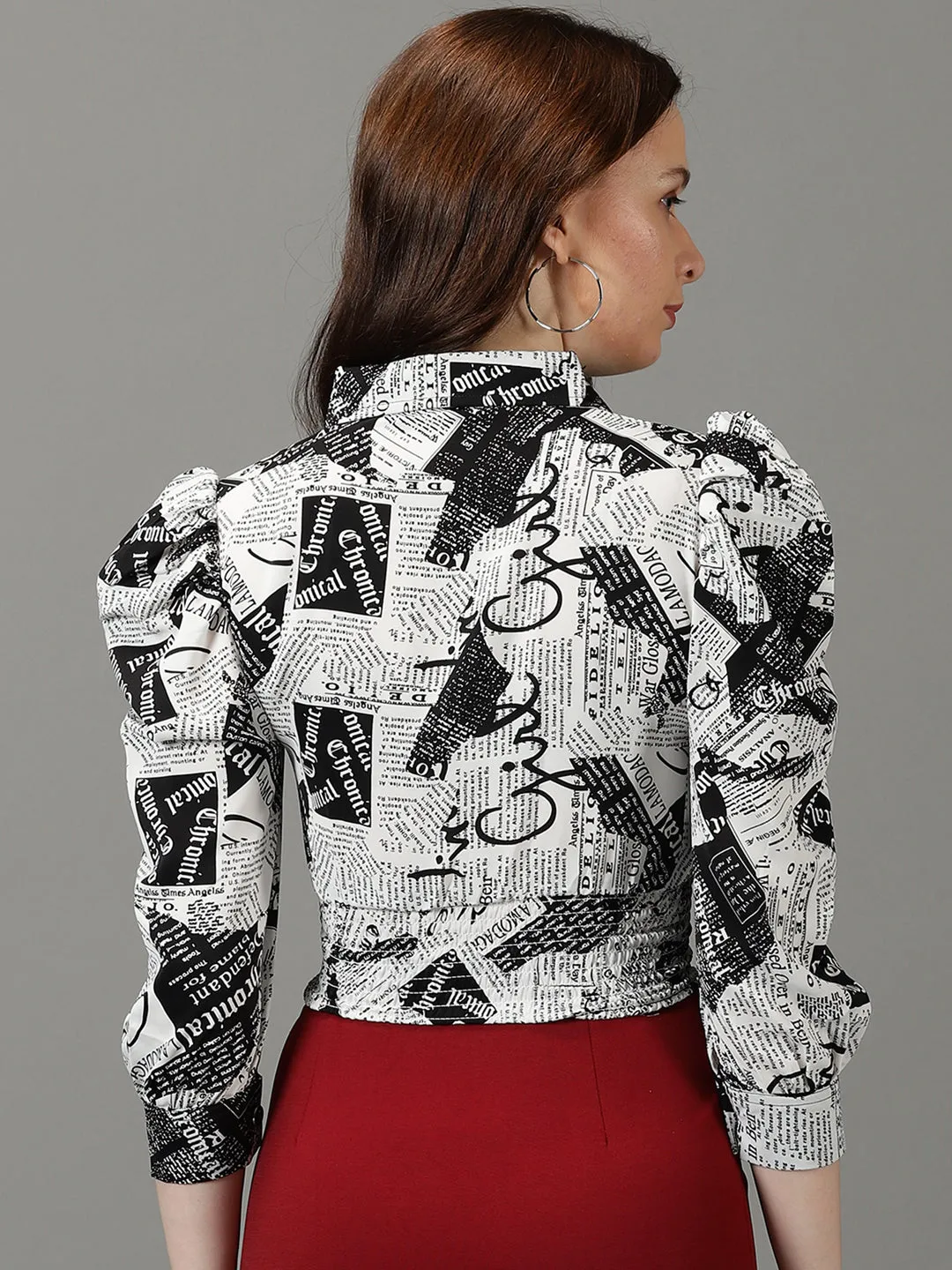 Women's White Typography Printed Smocking Shirt Style Crop Top Breathable Mesh Panels No Fade Technology