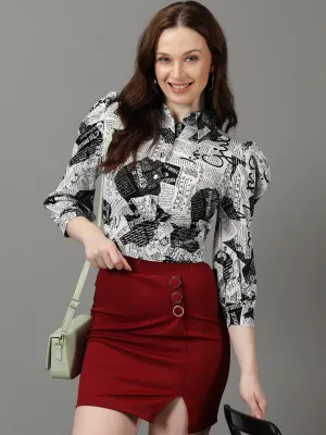 Women's White Typography Printed Smocking Shirt Style Crop Top Minimal Layers