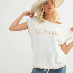 Fresh Warmth NonRestrictive Cut Women's "Yeehaw" Wordy Contrast Sweater in Cream
