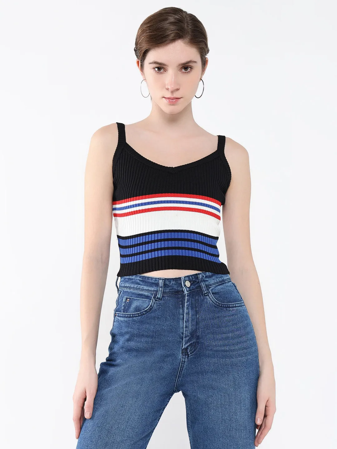 Women's Black Horizontal Striped V-Neck Acrylic Top On-the-Go Fashion