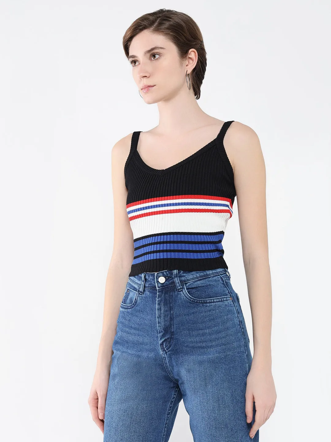 Women's Black Horizontal Striped V-Neck Acrylic Top SoftenedNeckline Comfy Stretch Wear