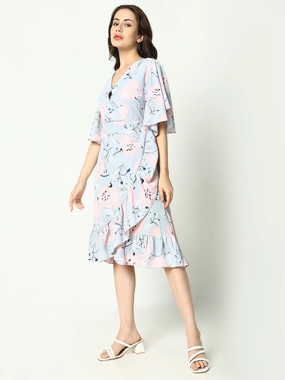 Earth-Tone Soul Warm Women's Grey Floral Printed V-Neck Wrap Midi Dress