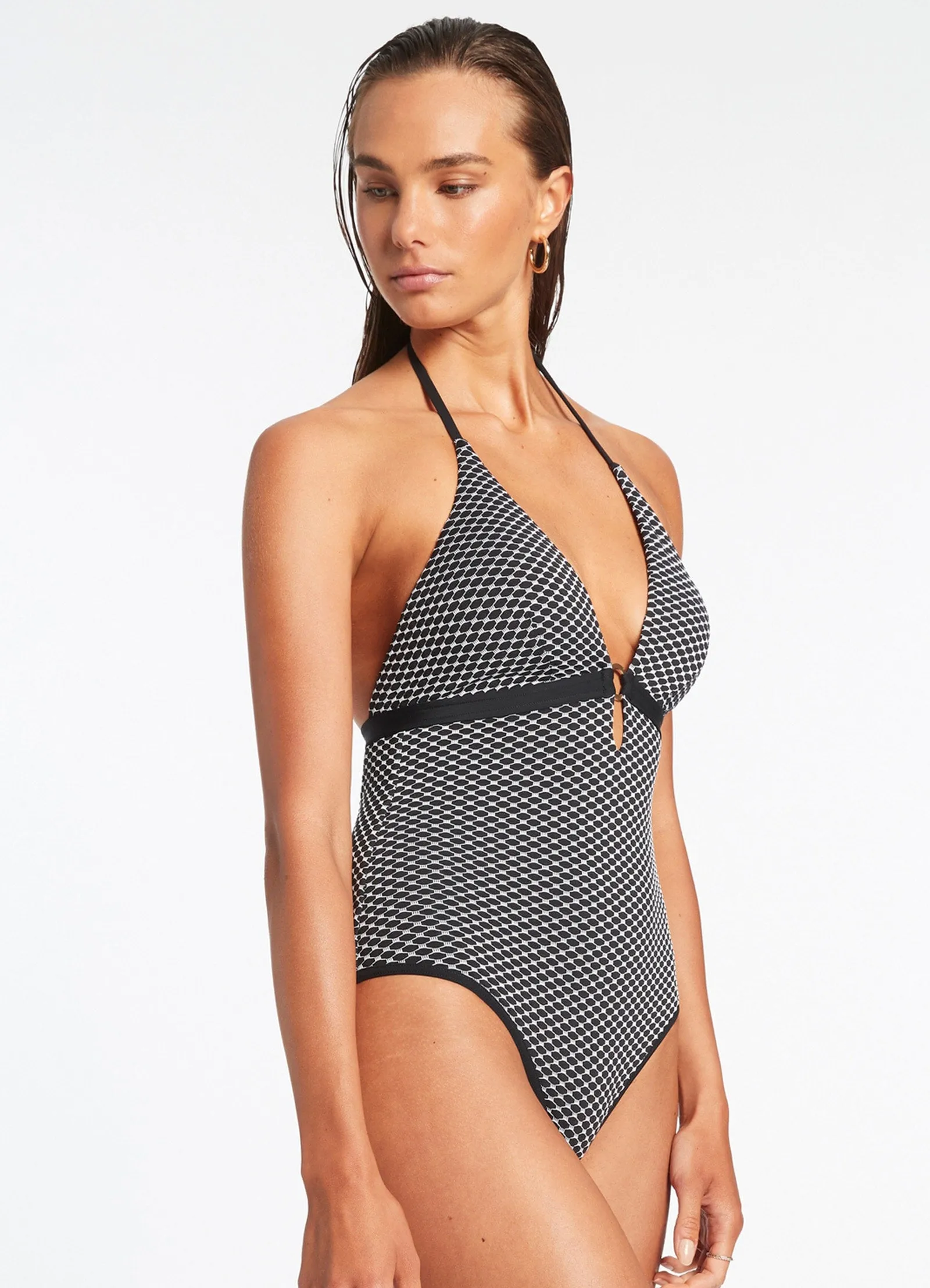 Anti Pilling Fabric Blend Corallo Deep Plunge One Piece - Black