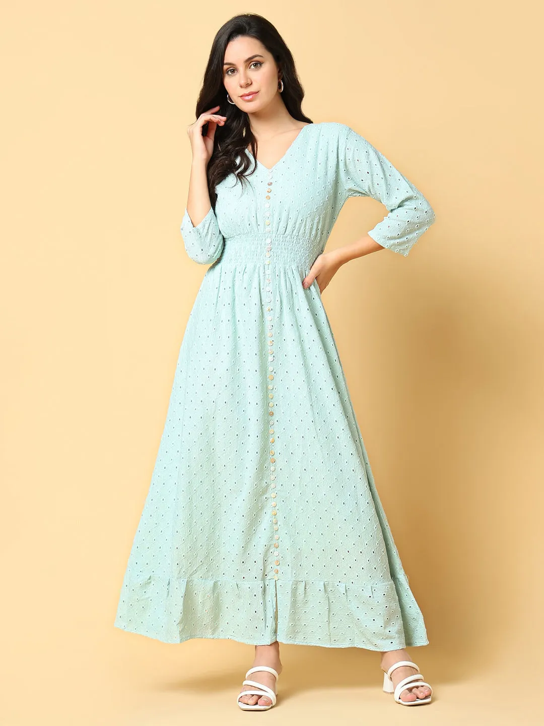 Fitted Base Kimono-Sleeve Women's Sea Green Self Design Fit & Flare Maxi Dress