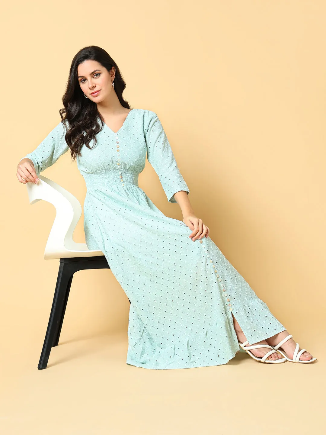 Women's Sea Green Self Design Fit & Flare Maxi Dress Gentle Look