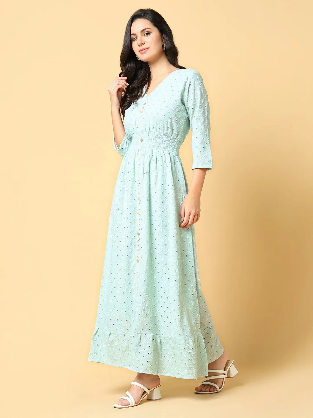 Fall Style Women's Sea Green Self Design Fit & Flare Maxi Dress
