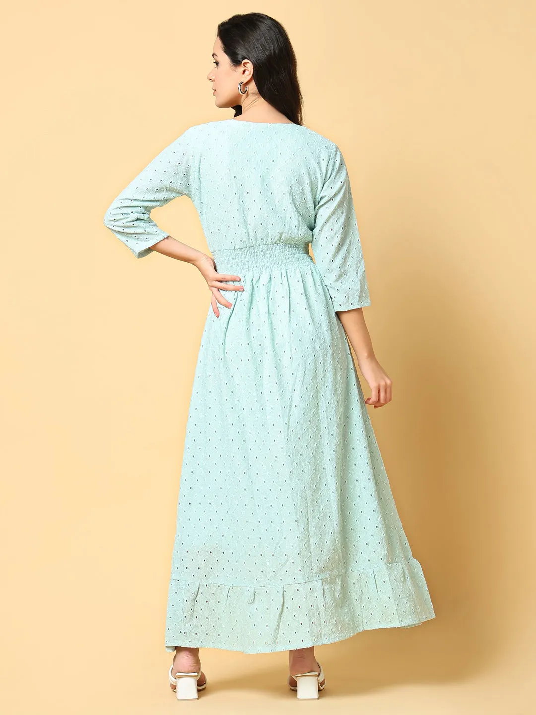 Women's Sea Green Self Design Fit & Flare Maxi Dress Color Pop
