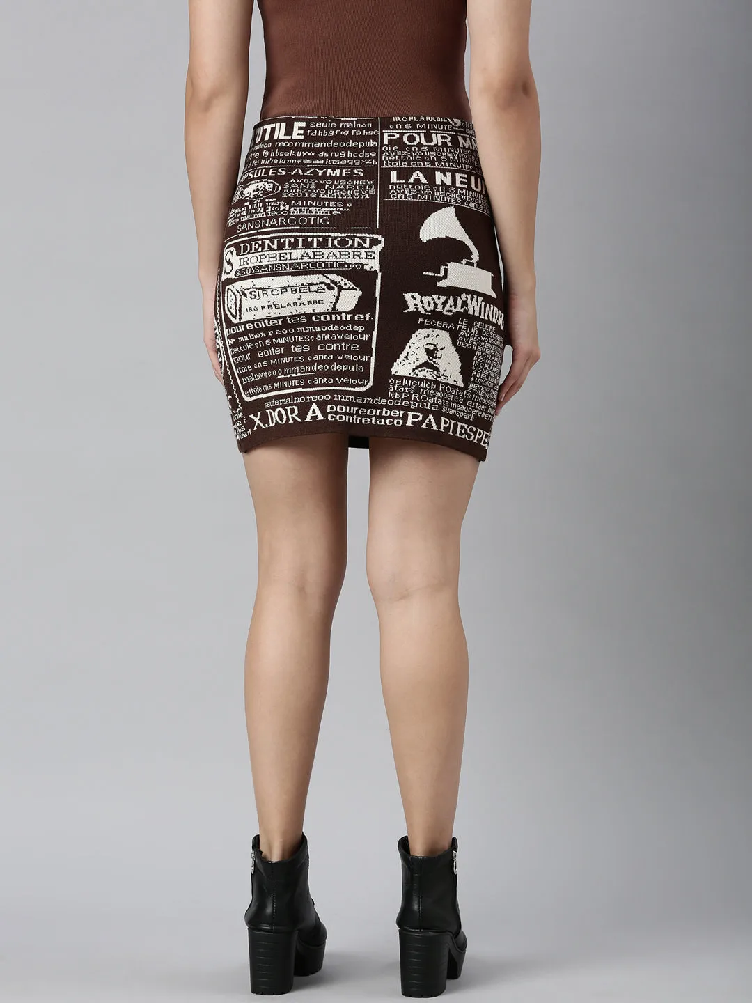Media Feature Women's Brown Printed Mini Skirts