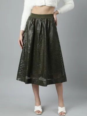 Women's Olive Self Designed Flared Midi Skirt Detachable Tie