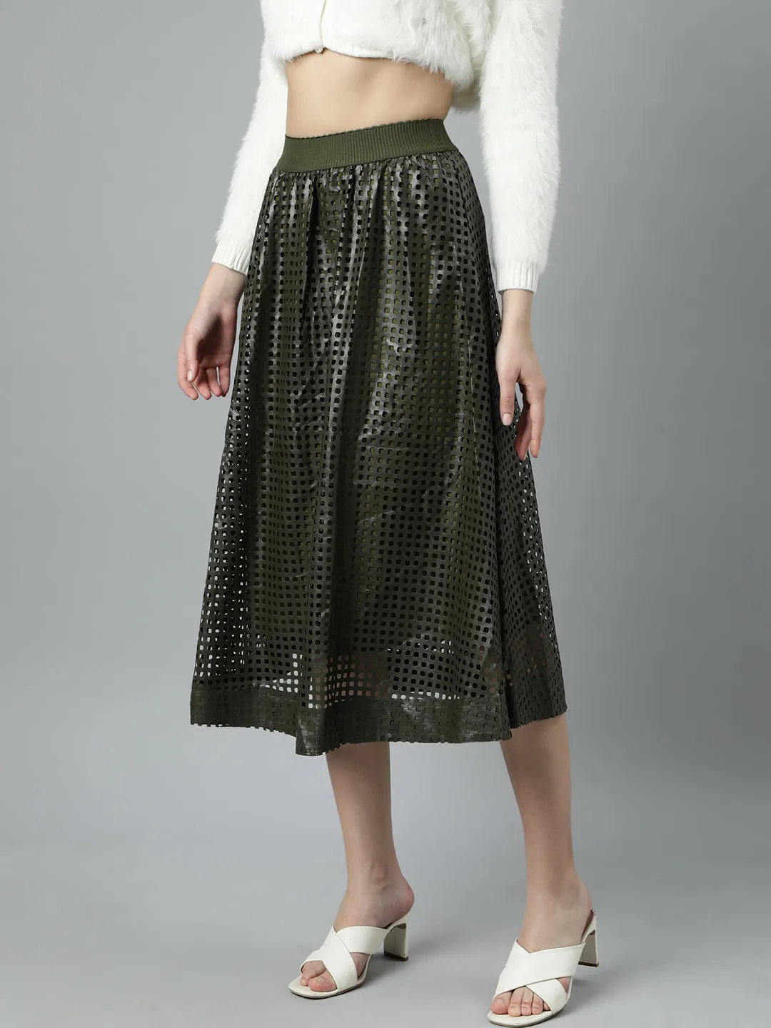 Women's Olive Self Designed Flared Midi Skirt Non Irritating Texture