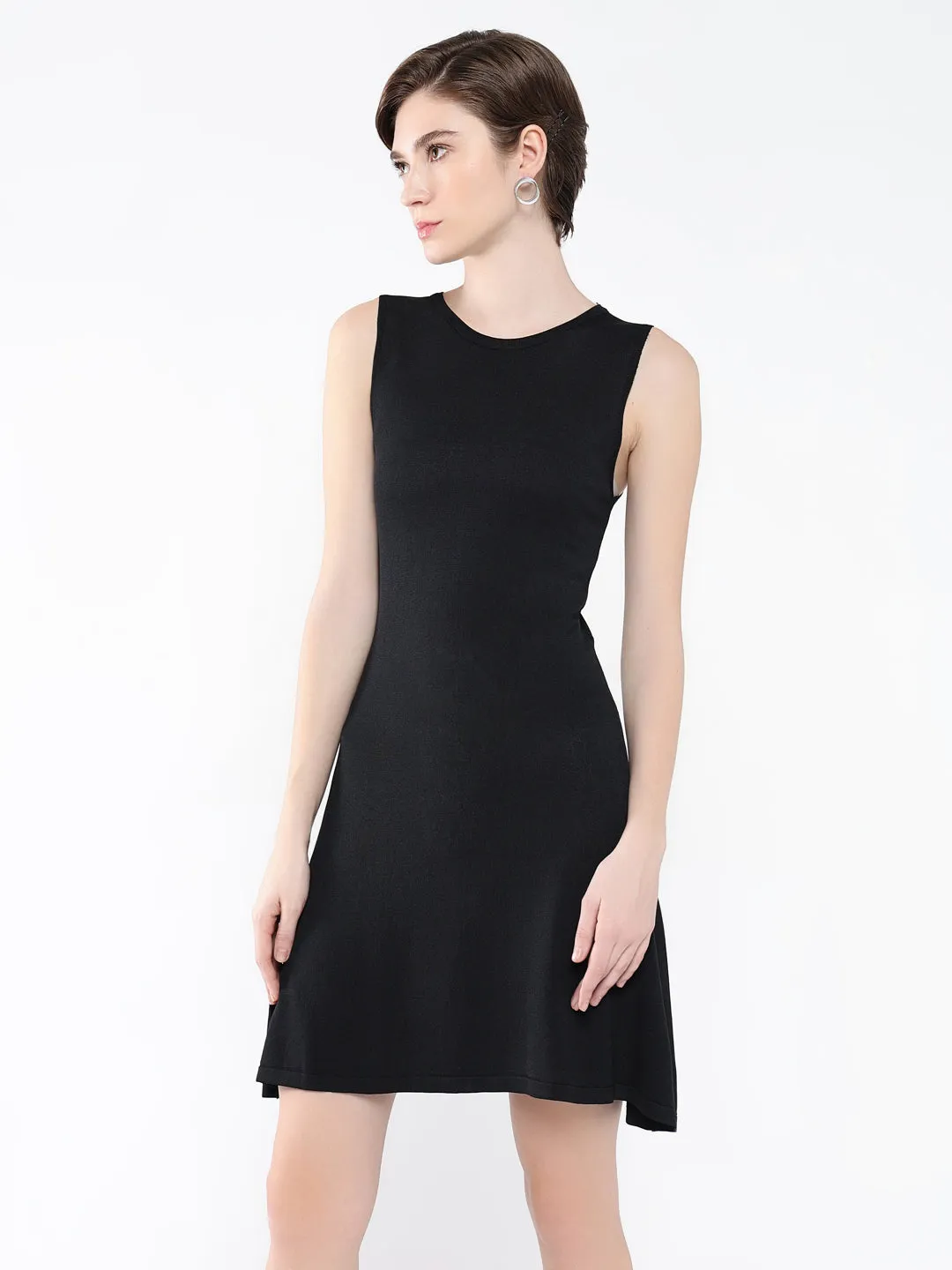 Women's Black Bodycon Sleeveless Round Neck Dress StretchableKnit