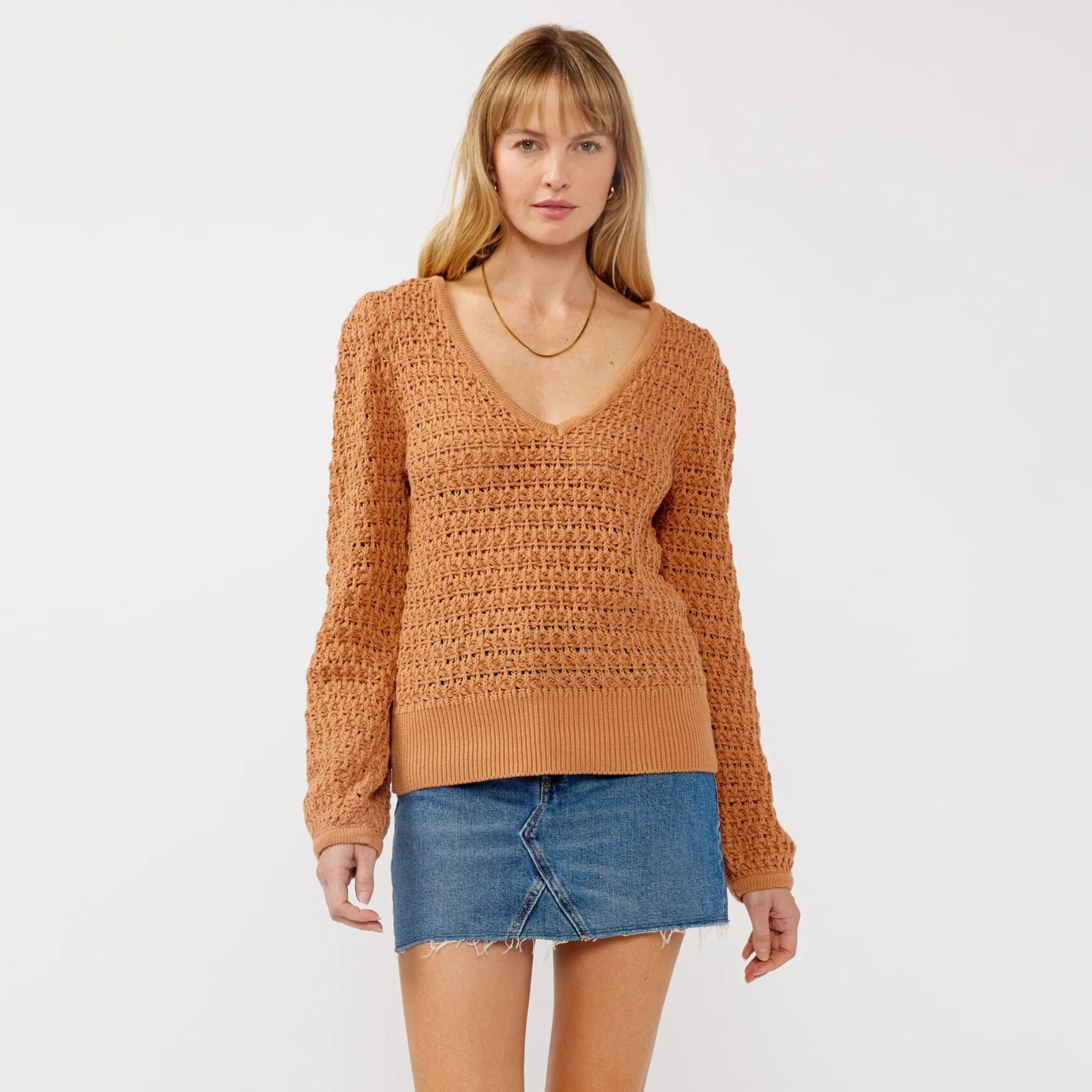 Long Sleeve V-Neck Crochet Sweater (Camel) Natural Texture Bamboo Fiber Blend