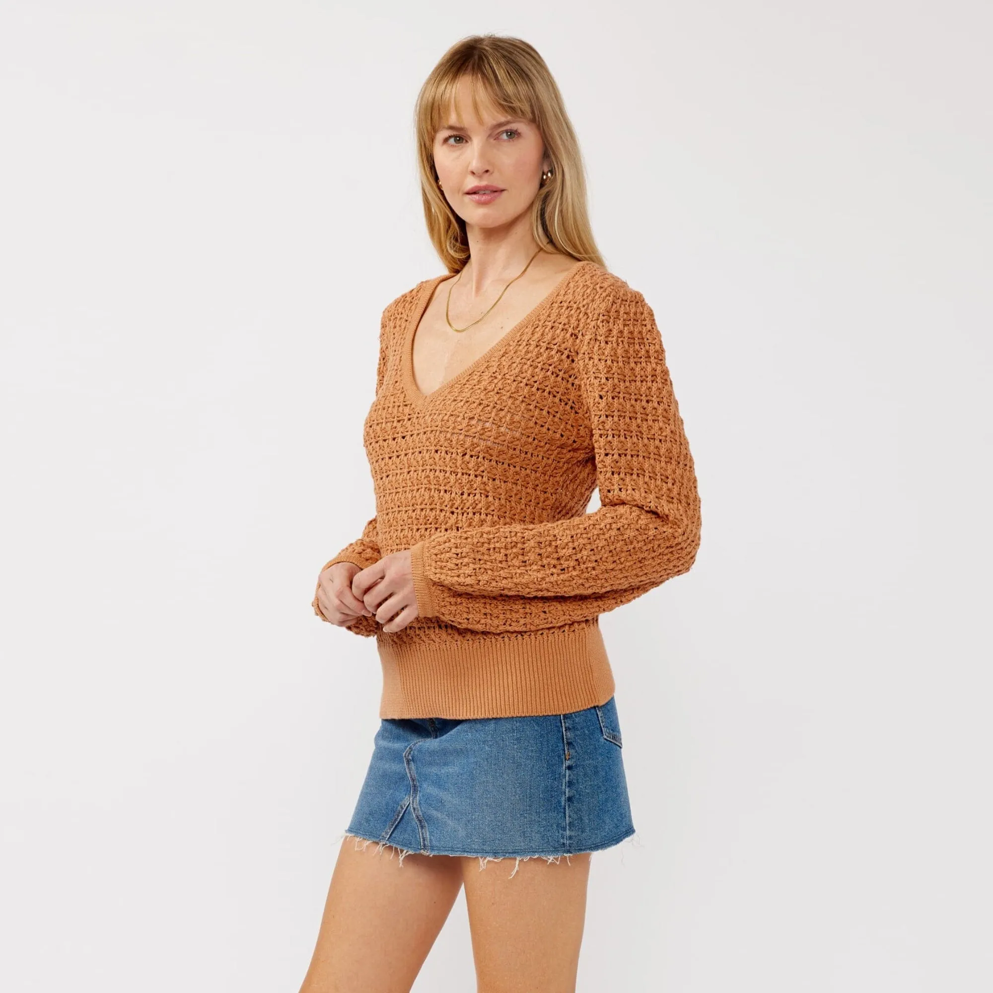 Long Sleeve V-Neck Crochet Sweater (Camel) QuickDry Fabric