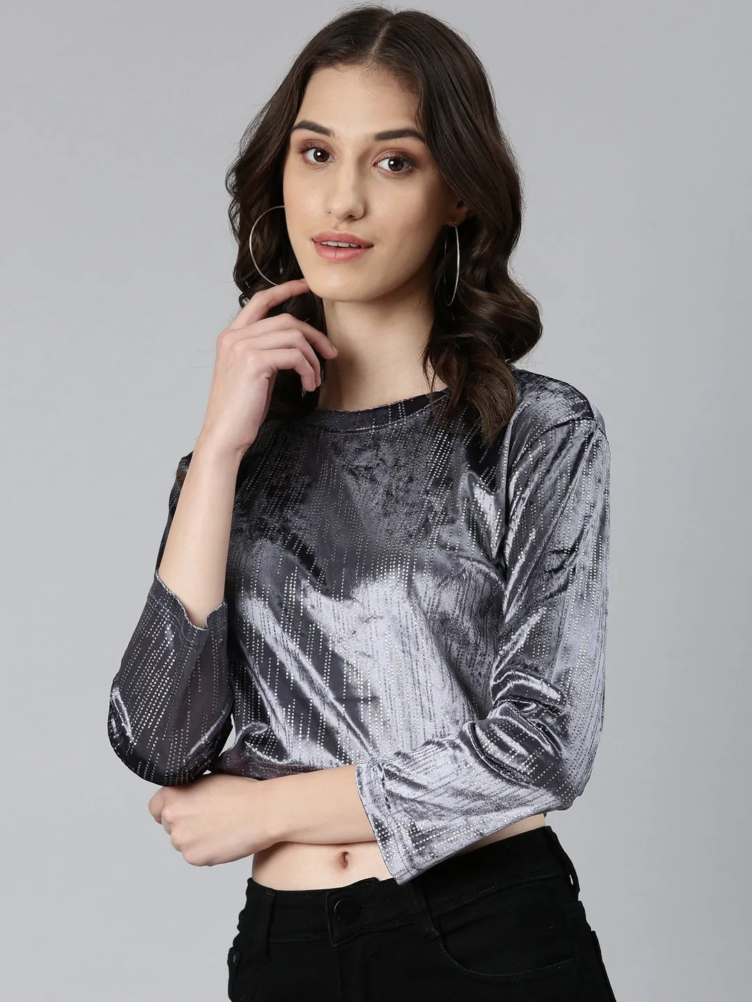 GentleWashResistance Fresh Vibes Women's Grey Round Neck Studded Velvet Crop Top