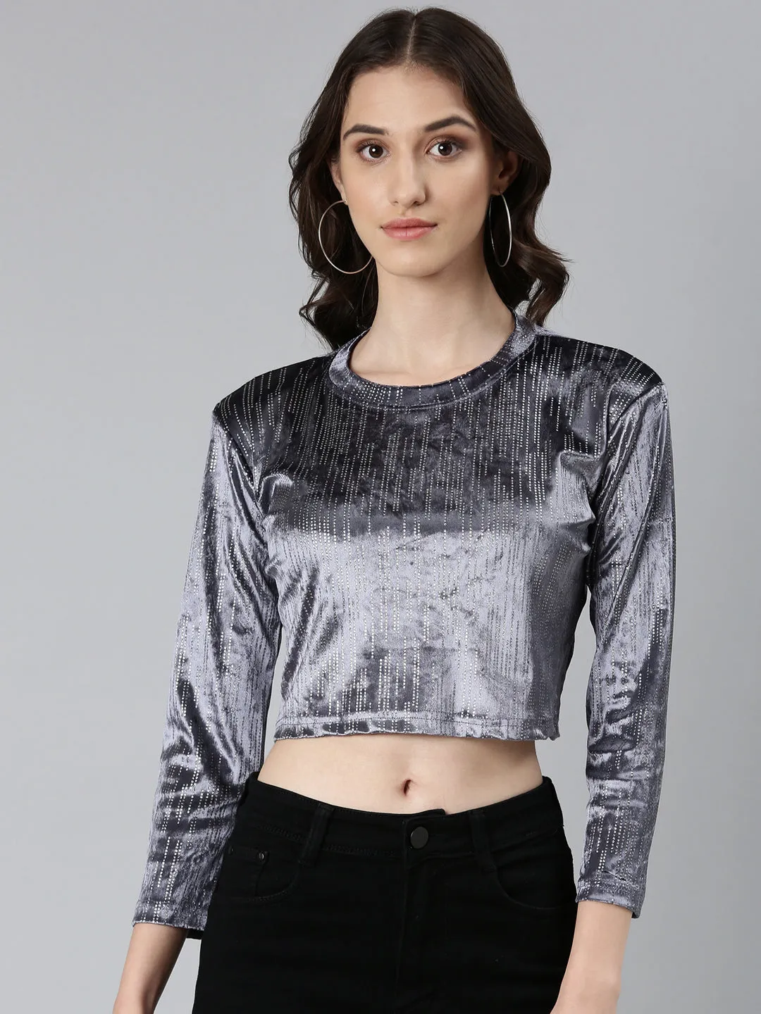 Women's Grey Round Neck Studded Velvet Crop Top Gym workout