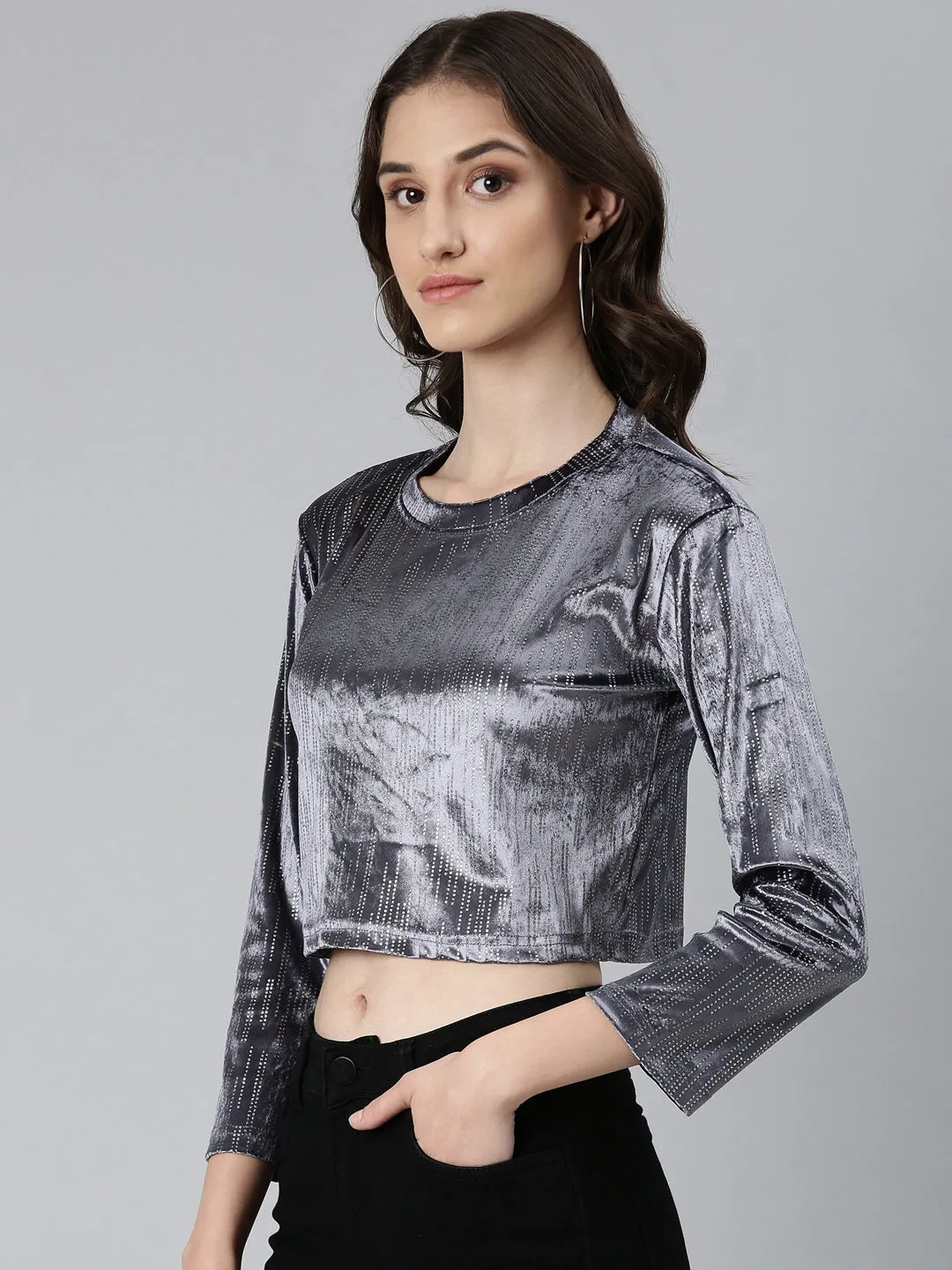 Women's Grey Round Neck Studded Velvet Crop Top Seam Free Shoulders Basic Comfort