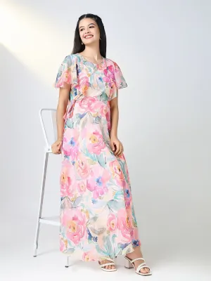 Chic Fit Women's Embellished Pink Floral Fit and Flare Dress