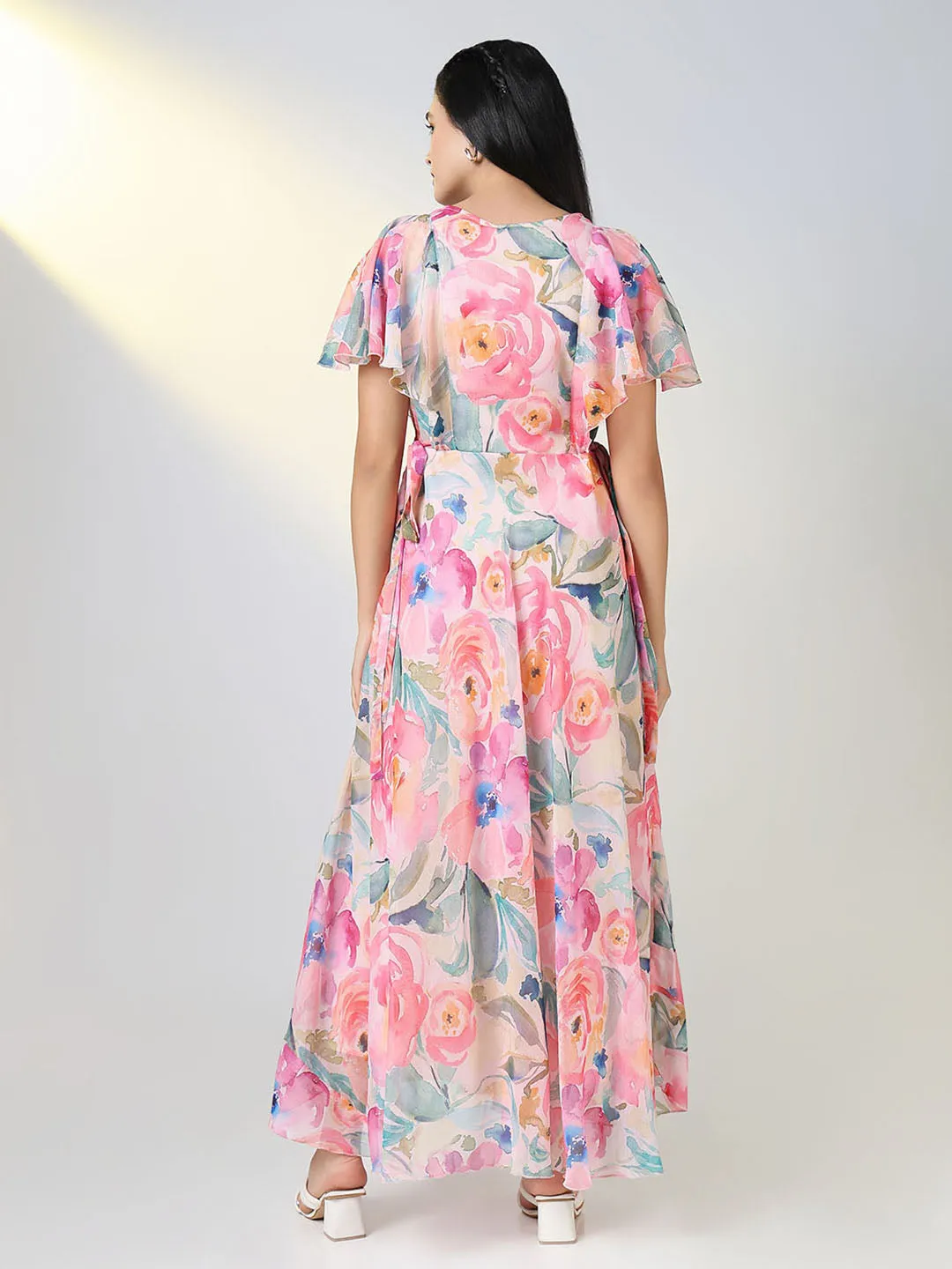 Stylish Look Women's Embellished Pink Floral Fit and Flare Dress