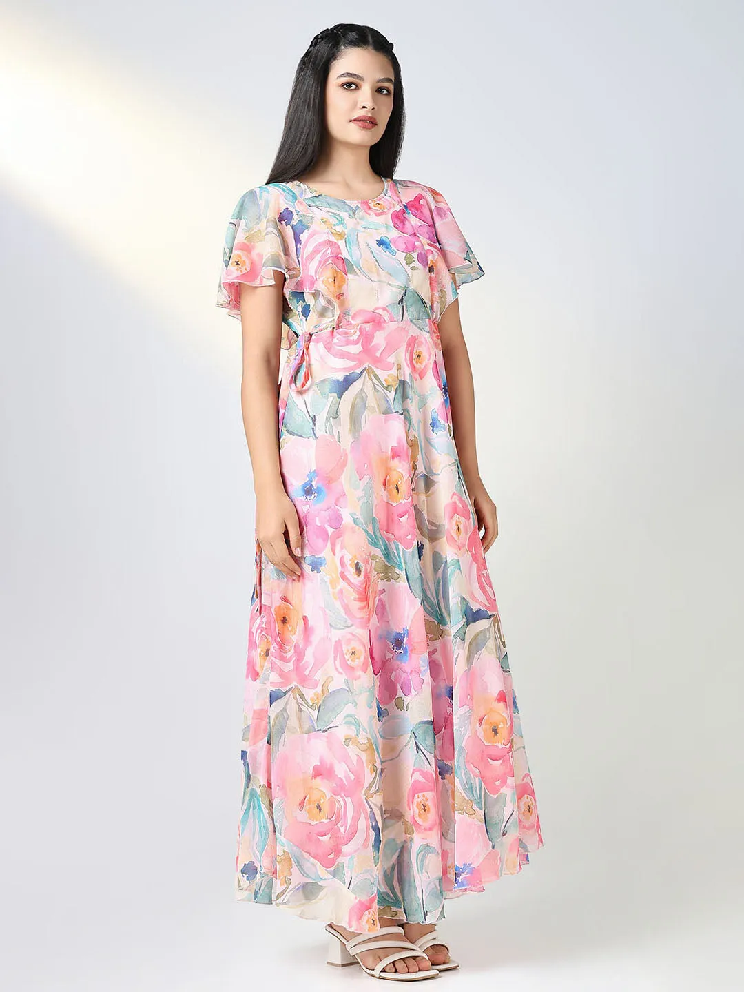 Slim Form Women's Embellished Pink Floral Fit and Flare Dress