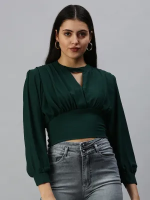 Casual Layer Comfy Active Fit Women's Green Keyhole Neck Georgette Empire Crop Top