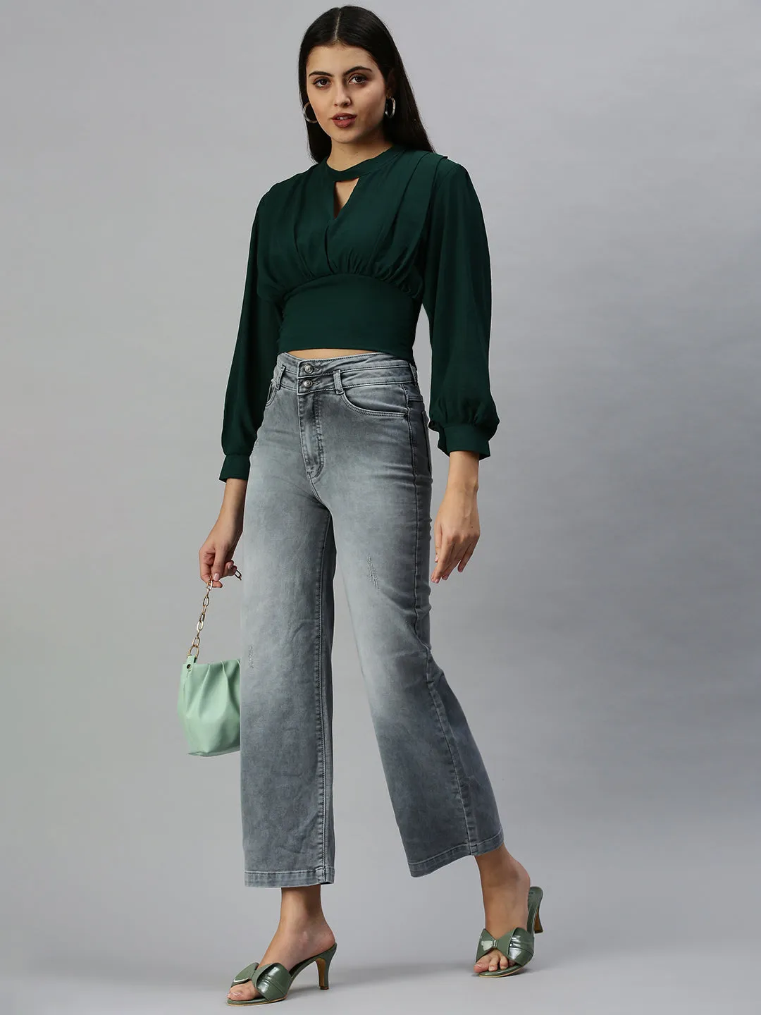 Stylish Wearable Women's Green Keyhole Neck Georgette Empire Crop Top