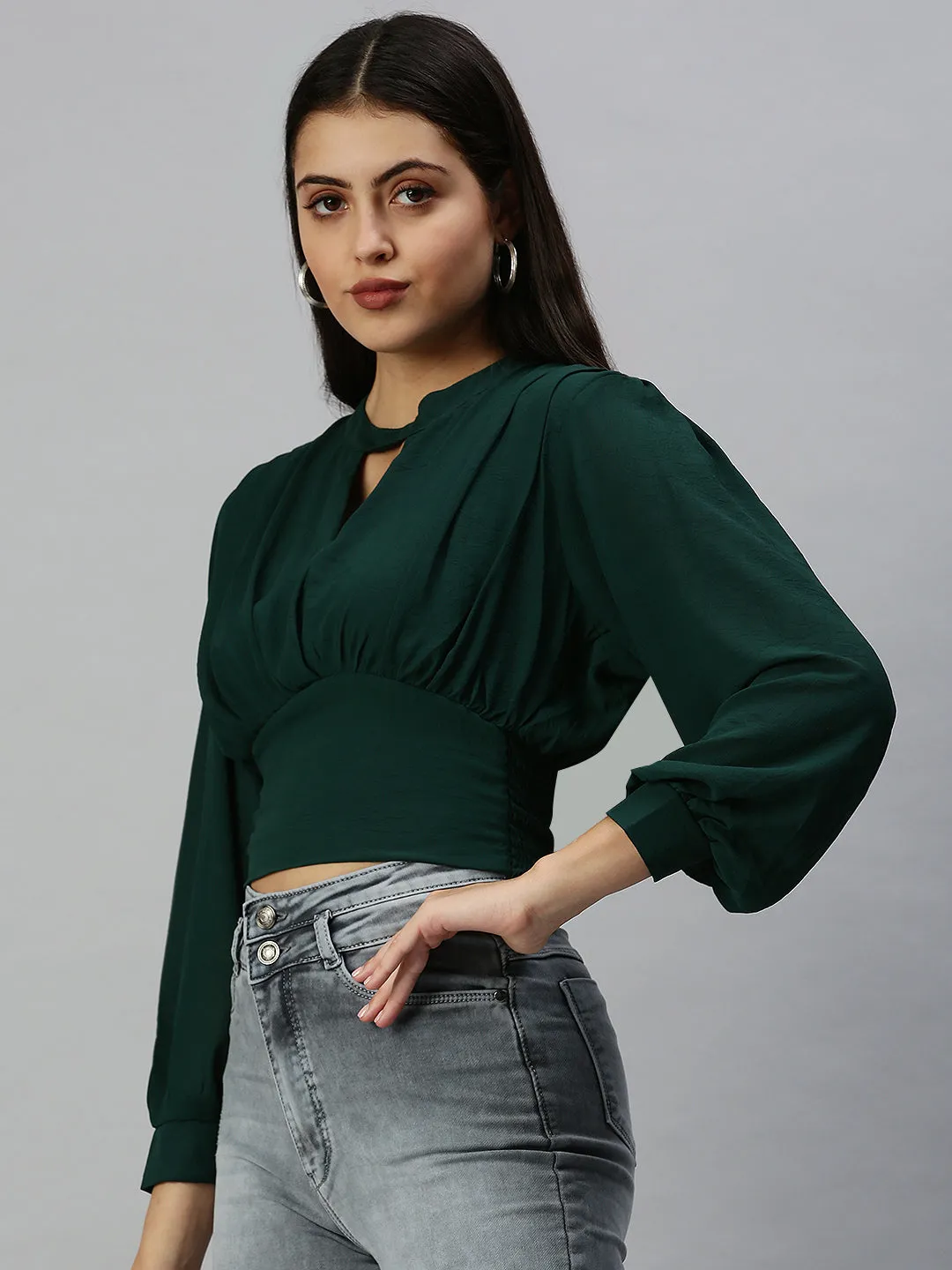 Women's Green Keyhole Neck Georgette Empire Crop Top Flatlock stitching Modern Simplicity