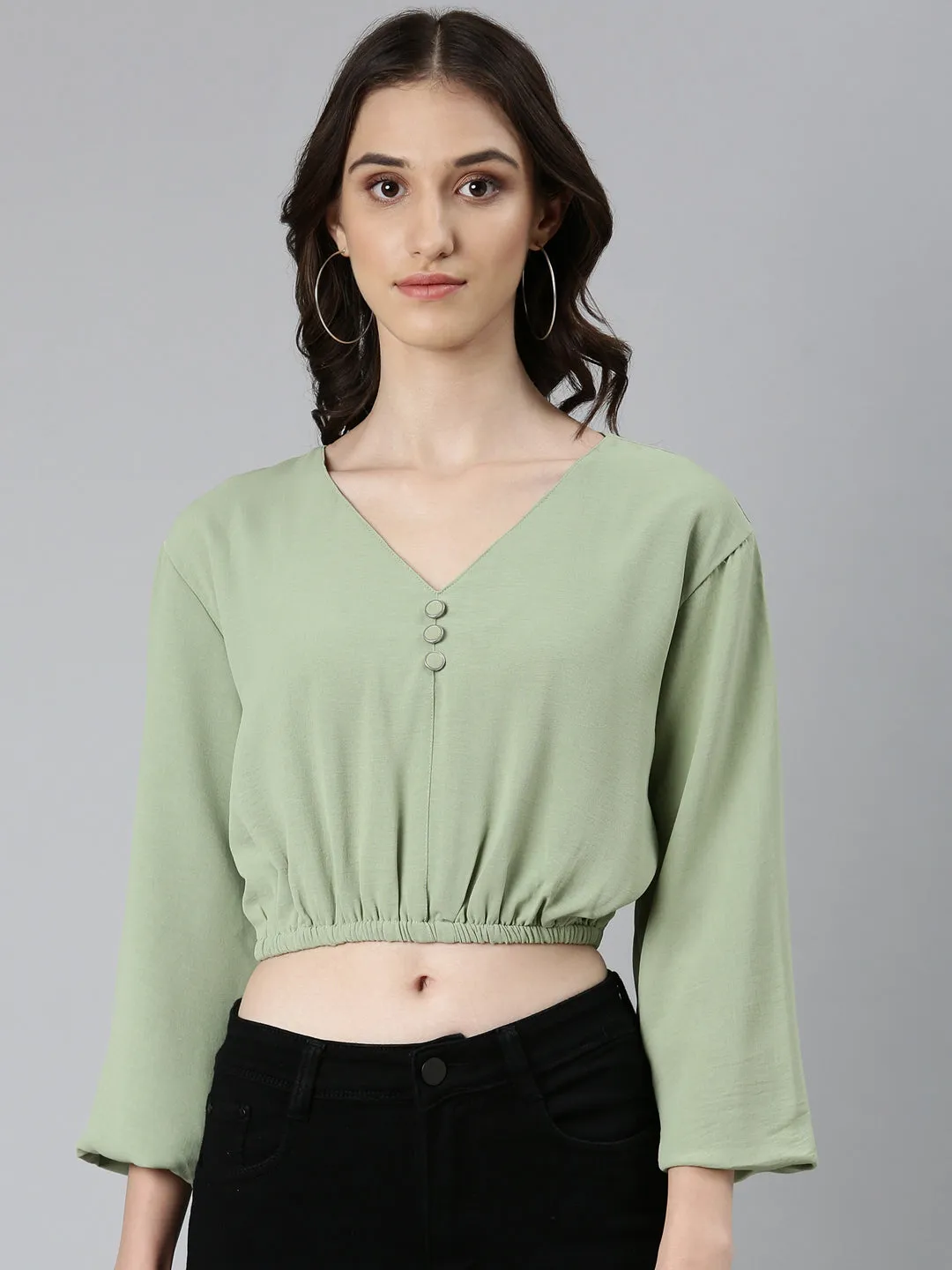 Women's Sea Green Flared Sleeve Crepe Blouson Crop Top Flexible Weave Fresh Outfit Style