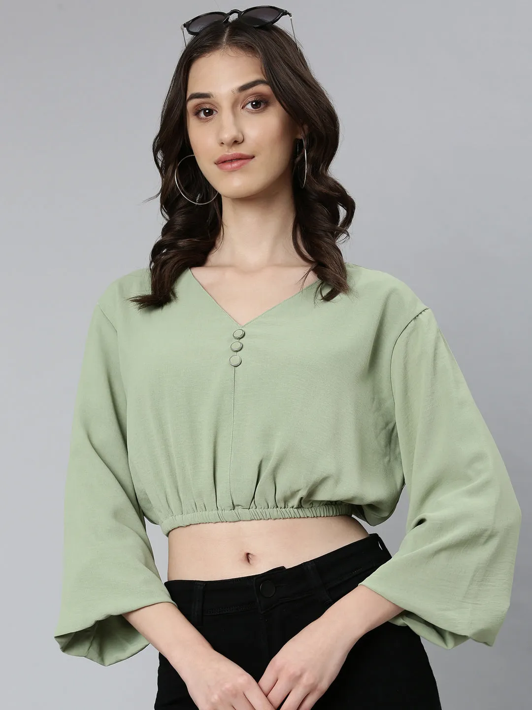 Stretchable Fabric Women's Sea Green Flared Sleeve Crepe Blouson Crop Top
