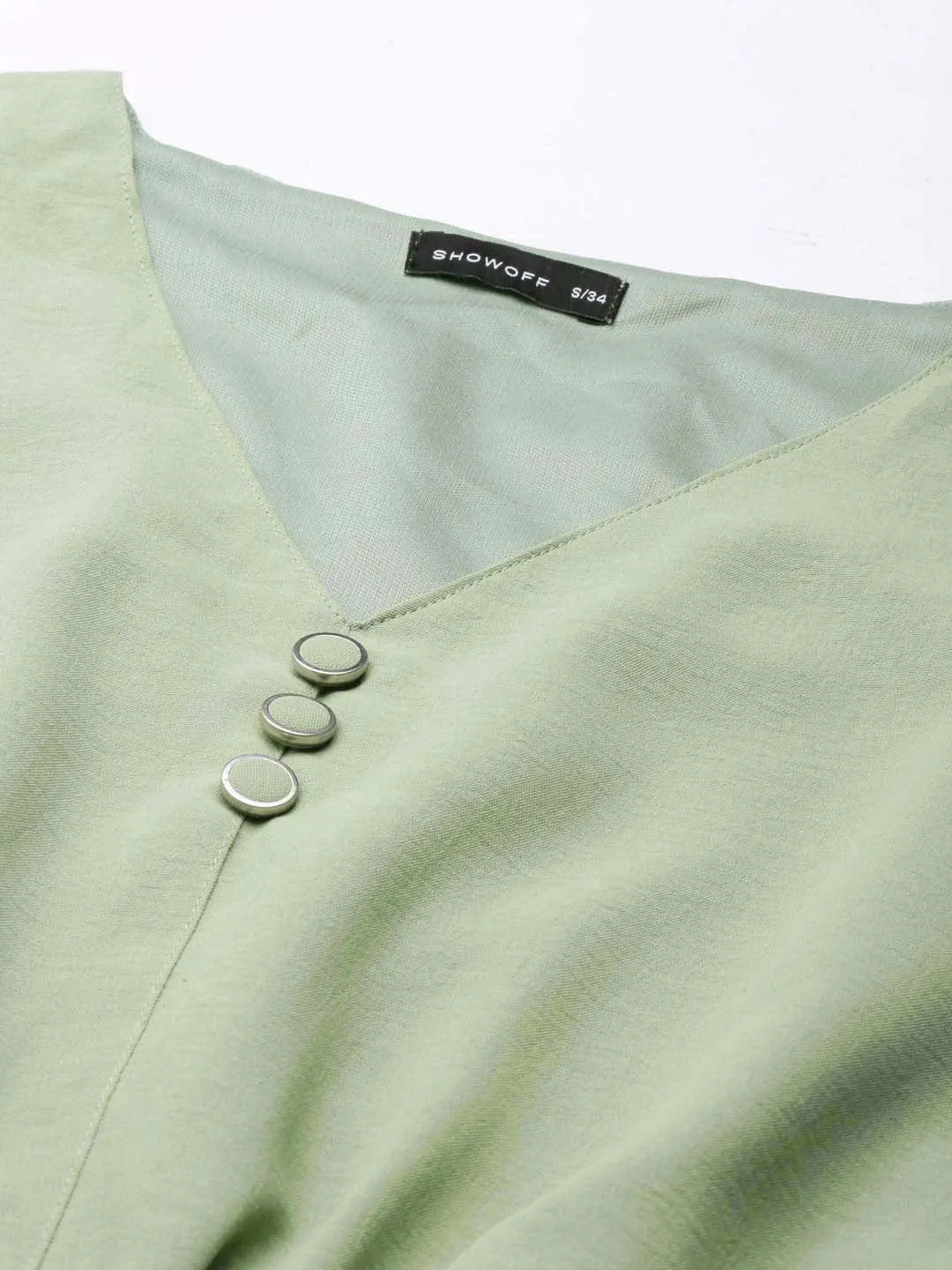 Women's Sea Green Flared Sleeve Crepe Blouson Crop Top Versatile Layering Flattering Design