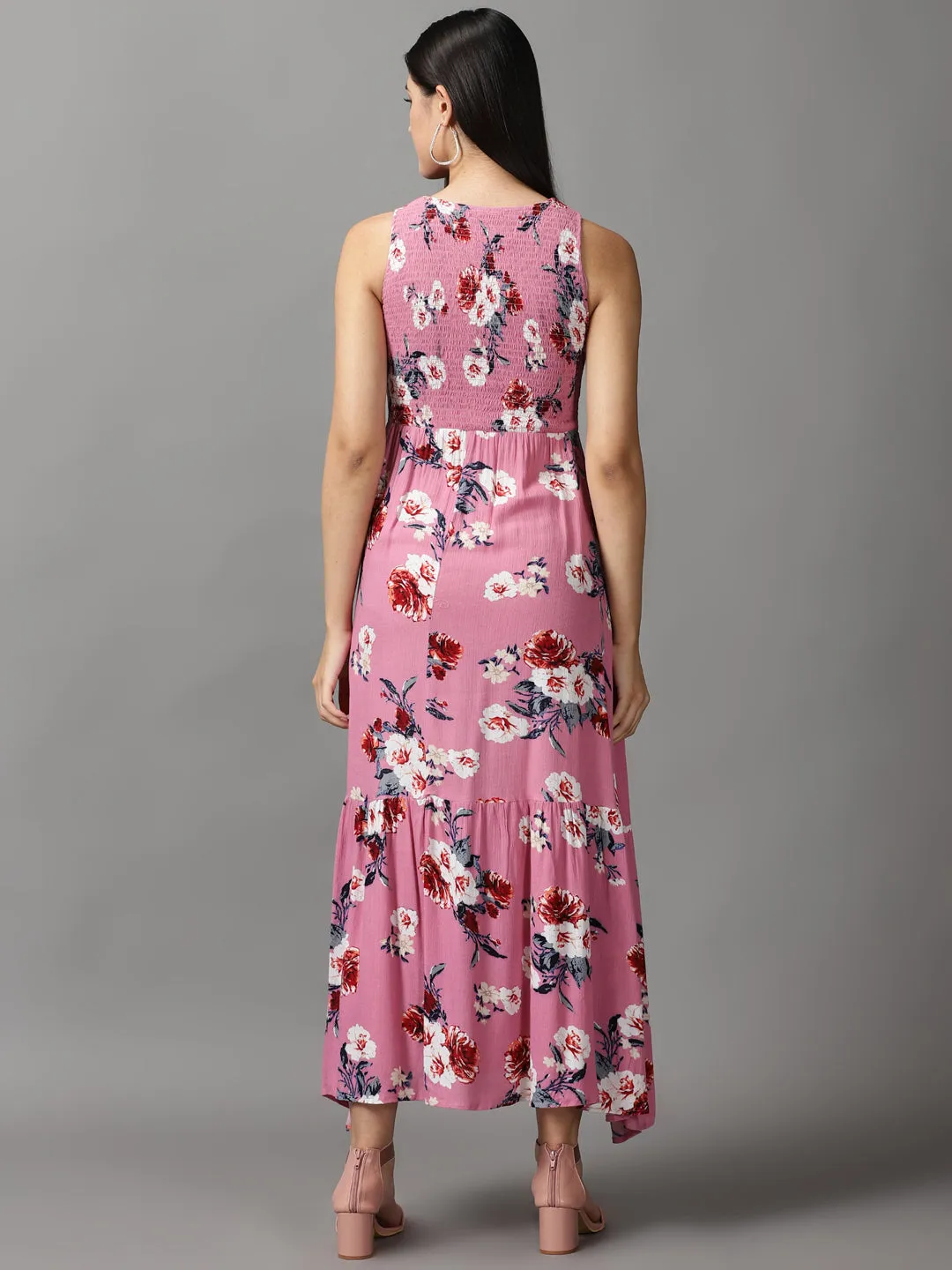Women's Pink Floral Crepe Fit & Flare Maxi Dress Smooth Tone