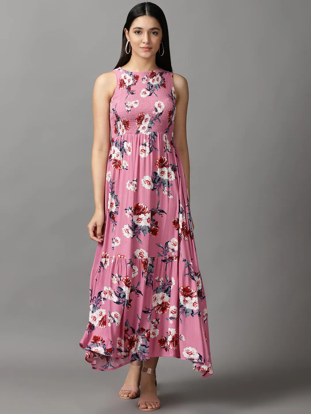 Layered Form Soft Colorway Women's Pink Floral Crepe Fit & Flare Maxi Dress