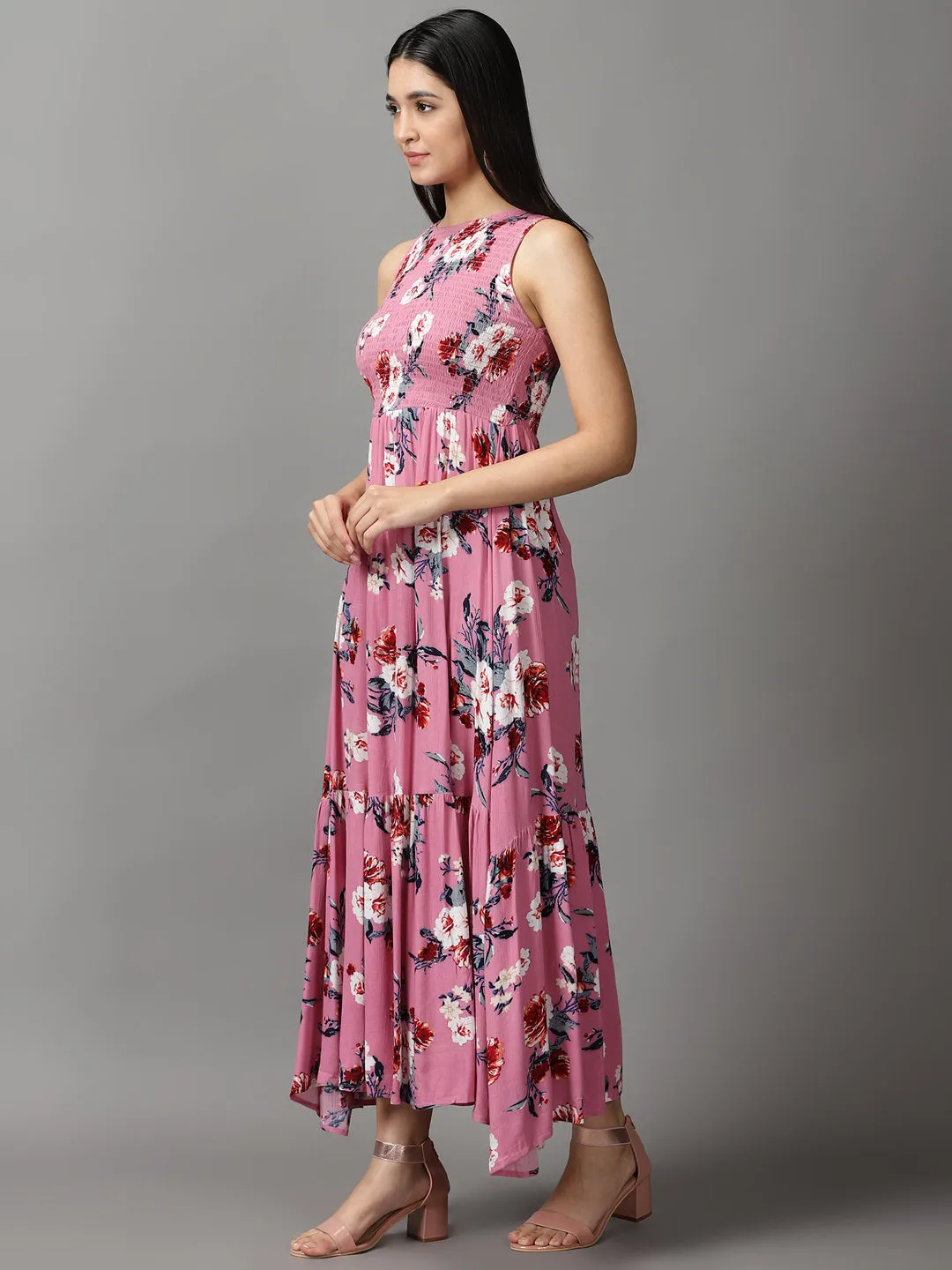AntiStaticMaterial Zip Ease Women's Pink Floral Crepe Fit & Flare Maxi Dress