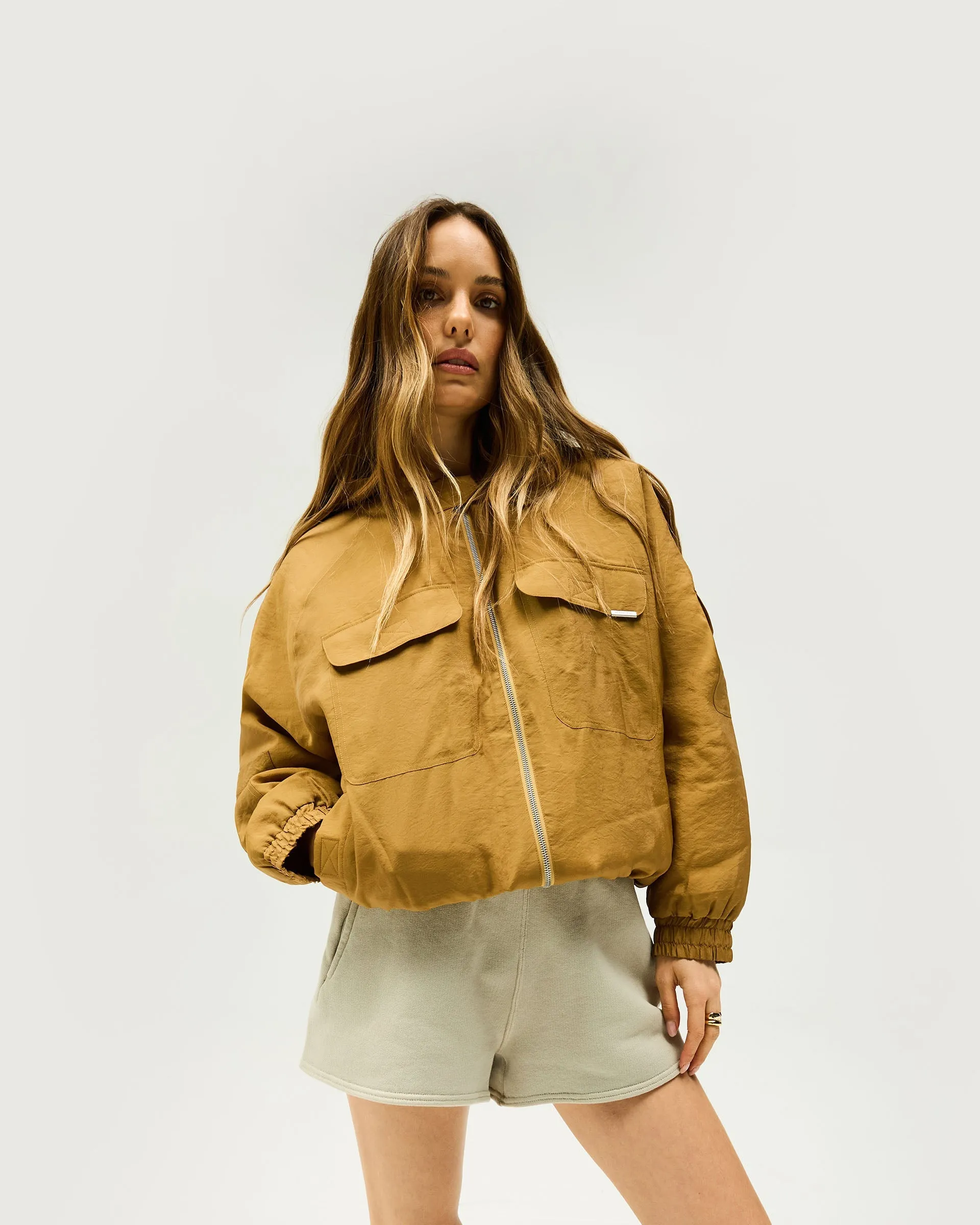 Sleek Utility Zipper Closure Mechanism Crash Jacket - Sienna