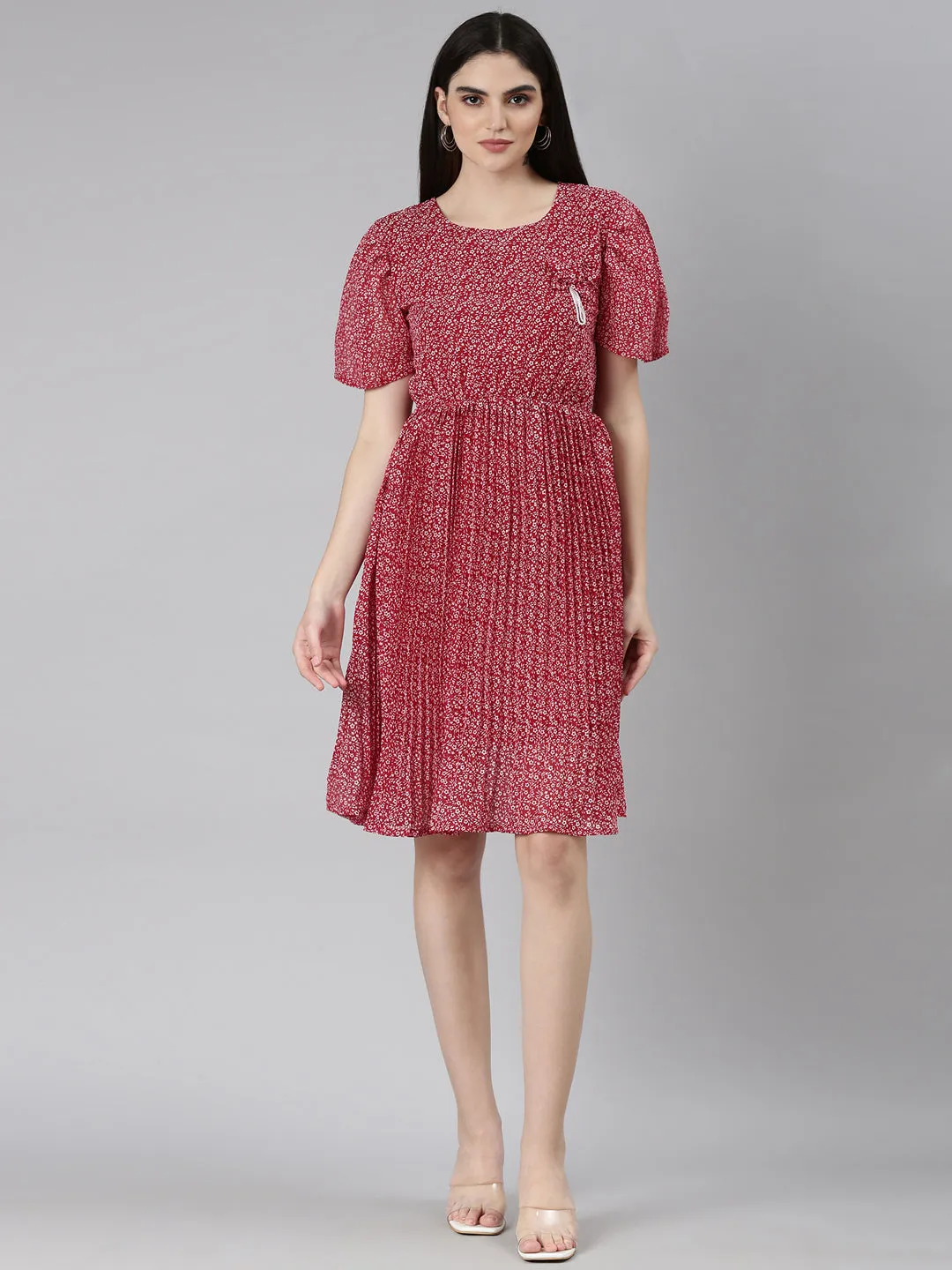 Simple yet chic gown Women's Maroon Floral Printed Flared Sleeves Georgette Fit & Flare Dress